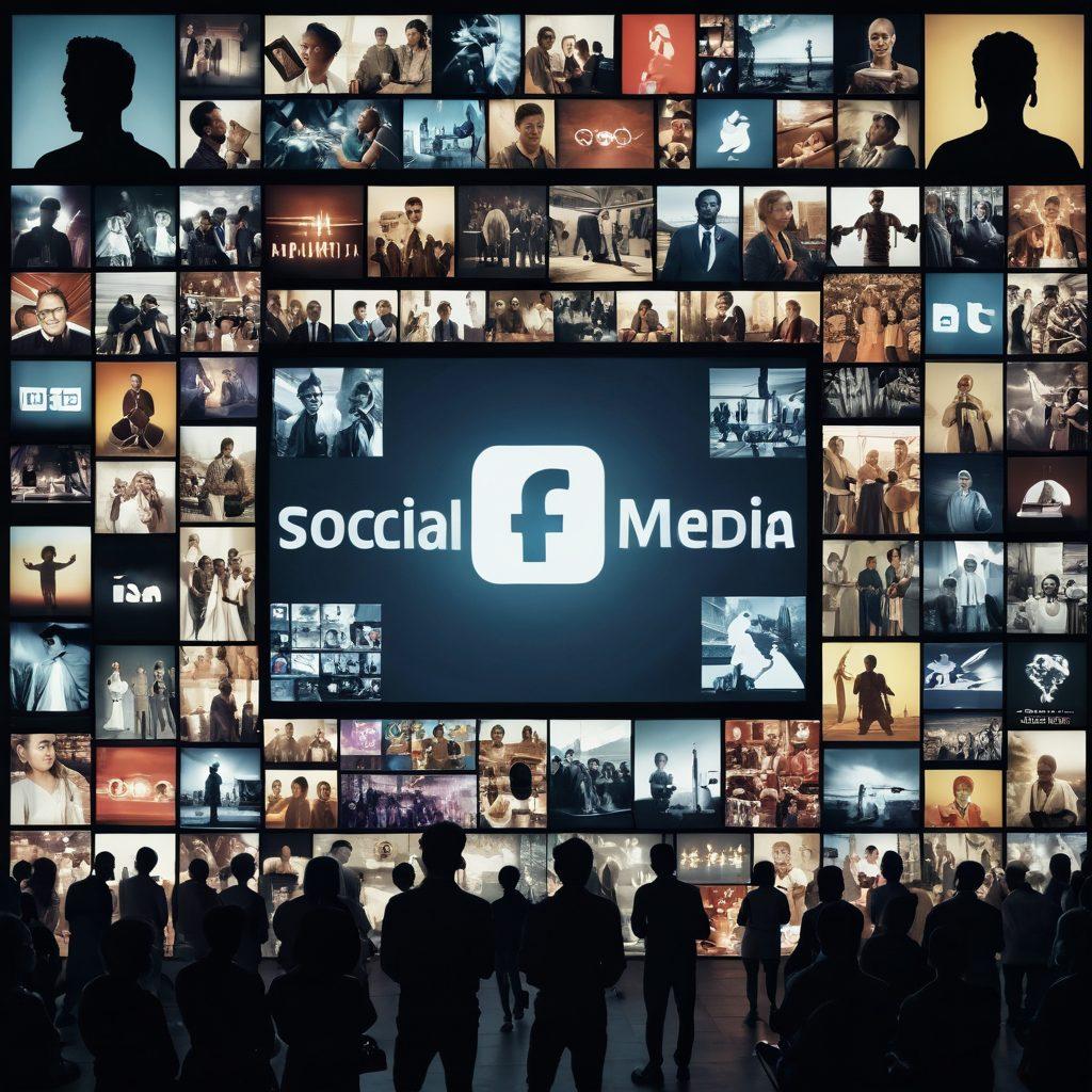 A thought-provoking collage featuring a large screen displaying an explicit video surrounded by diverse silhouettes of people from various cultures engaging with technology. Symbols of social media, cultural icons, and historical artifacts subtly integrated into the background, representing the cultural impact of digital media. Use a muted color palette with bright highlights to draw attention to the central screen. A blend of modern and traditional elements in a 3D layout. super-realistic. muted colors. vibrant focal points.