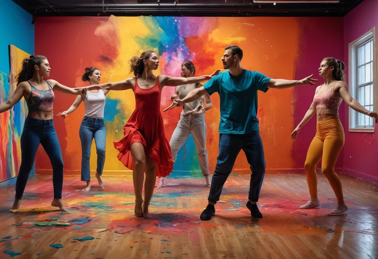 A thought-provoking scene depicting a diverse group of adults engaging in various forms of artistic expression related to sexuality, including modern dance, photography, and painting in a vibrant studio setting. The background features abstract representations of evolving societal norms with splashes of color symbolizing freedom and creativity. The focus is on the interplay of emotions and art as transformative mediums. vibrant colors. artistic. modern style.