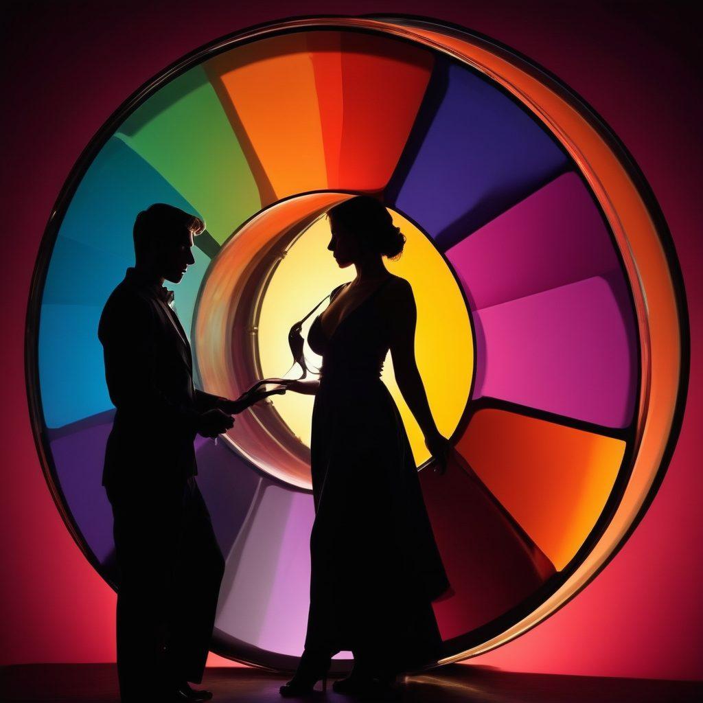 A captivating, abstract visualization of a film reel unfurling, with vibrant colors representing the evolution of desire through time. Silhouettes of diverse couples in passionate, artistic poses symbolize different eras of erotic expression. Enveloping the scene, subtle hints of vintage and modern technology intertwine, showcasing the blend of tradition and innovation in adult films. Evocative lighting casts shadows that enhance the mood, inviting viewers to explore their own desires. surrealism. vibrant colors. dynamic composition.